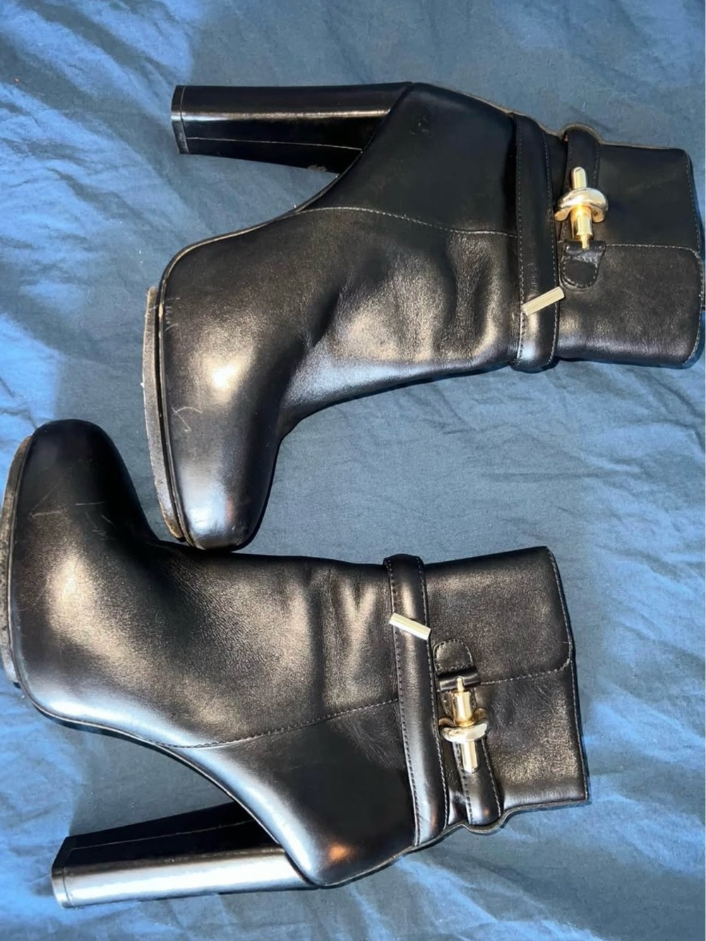Balenciaga Black Leather Platform Ankle Booties with Gold-Tone Buckle